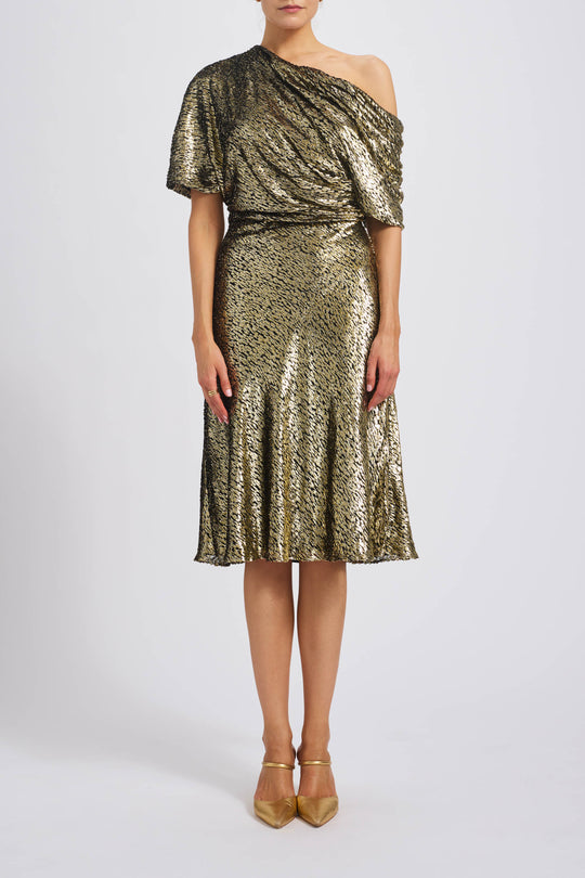 Gold Lamé Draped Cocktail Dress, $2,195, dress from Collection Evening by Amsale, Fabric: lame-velvet