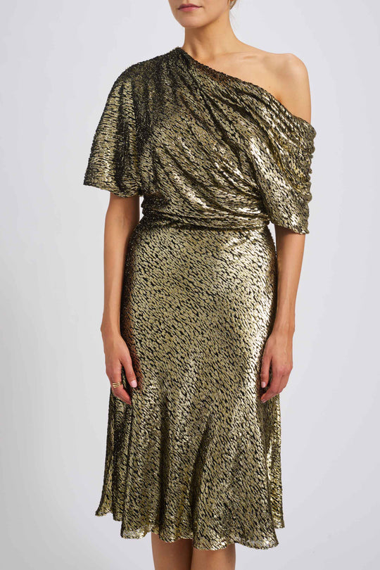 Gold Lamé Draped Cocktail Dress, $2,195, dress from Collection Evening by Amsale, Fabric: lame-velvet