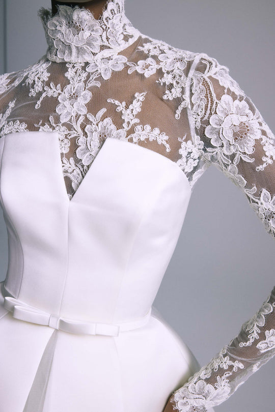 French Alençon Lace Topper, $3,190, dress by color from Collection Bridal by Amsale, Fabric: french-alencon-lace