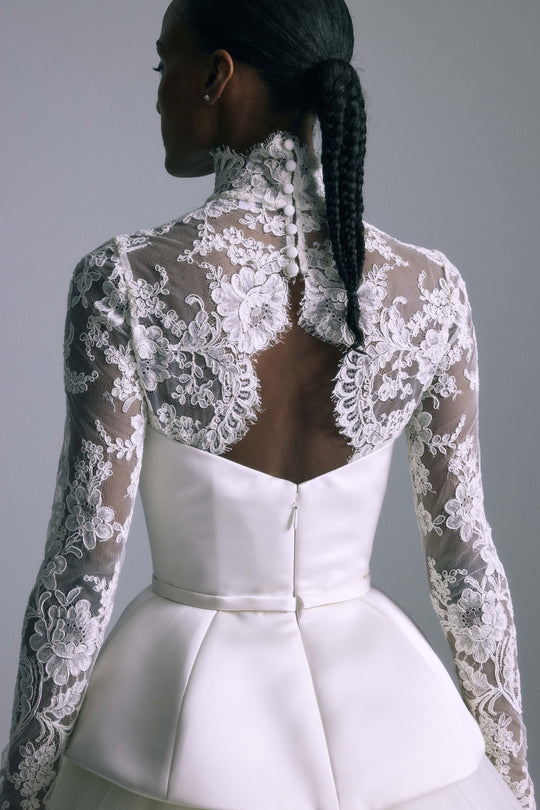 French Alençon Lace Topper, $3,190, dress by color from Collection Bridal by Amsale, Fabric: french-alencon-lace