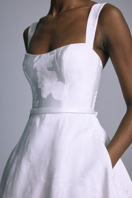 Indiana, $6,995, dress from Collection Bridal by Amsale, Fabric: floral-print-mikado