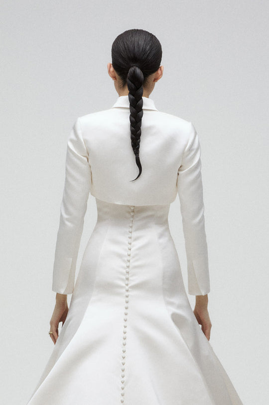 Cropped Blazer, $2,450, accessory from Collection Bridal by Amsale, Fabric: double-duchess-satin