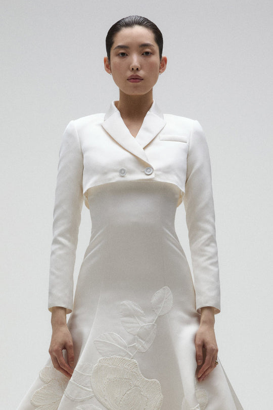Cropped Blazer, $2,450, accessory from Collection Bridal by Amsale, Fabric: double-duchess-satin