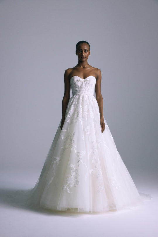 Lupe, $8,995, dress from Collection Bridal by Amsale, Fabric: floral-embroidery