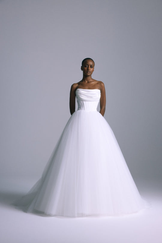 Onyx, $7,400, dress from Collection Bridal by Amsale, Fabric: satin-back-crepe