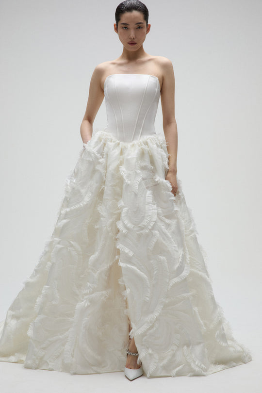 Oleander, $8,695, dress from Collection Bridal by Amsale, Fabric: double-duchess-satin
