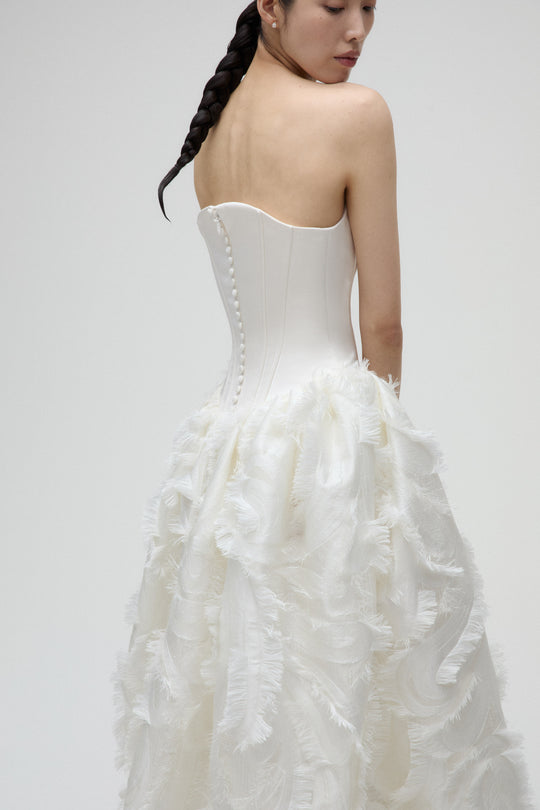 Oleander, $8,695, dress from Collection Bridal by Amsale, Fabric: double-duchess-satin