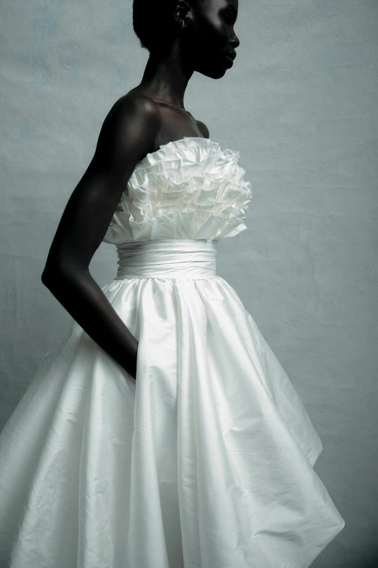 Mura, $7,995, dress from Collection Bridal by Amsale, Fabric: taffeta