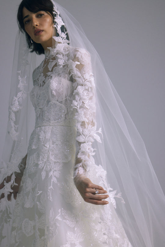 AVA855 - Embellished Cathedral Veil, $1,495, accessory from Collection Accessories by Amsale, Fabric: leaf-embellished-tulle