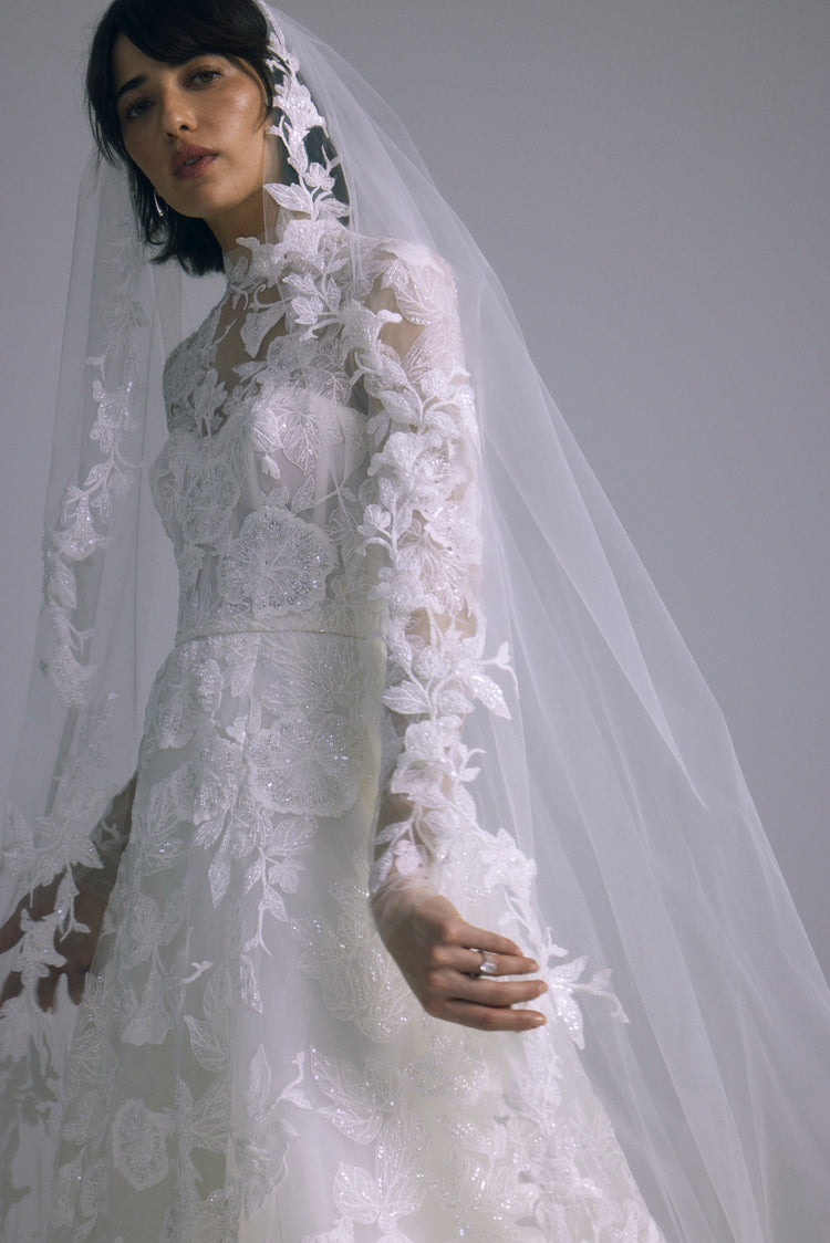 Embellished Cathedral Veil, accessory from Collection Accessories by Amsale, Fabric: leaf-embellished-tulle