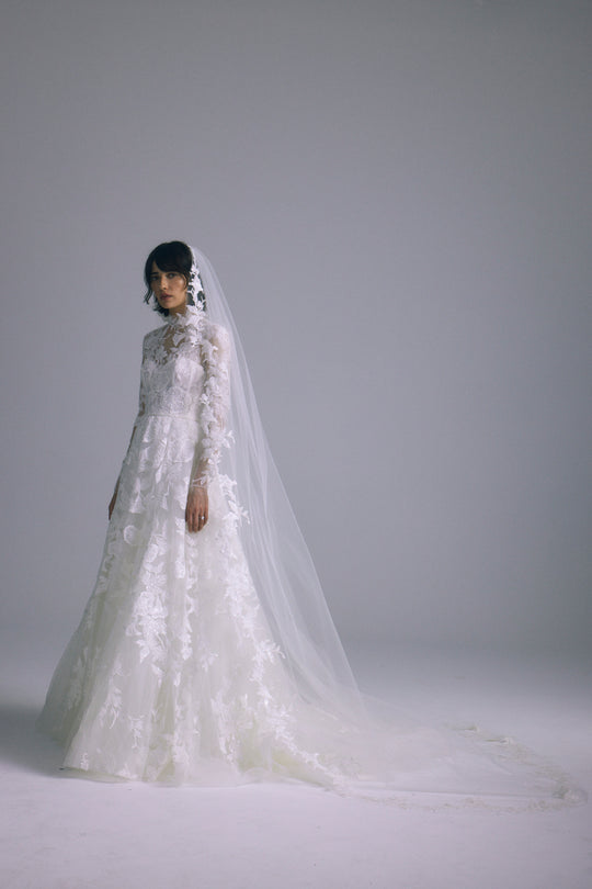 AVA855 - Embellished Cathedral Veil, $1,495, accessory from Collection Accessories by Amsale, Fabric: leaf-embellished-tulle