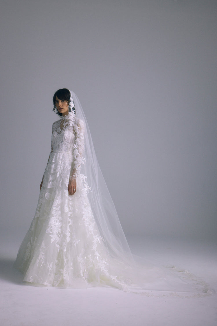 Embellished Cathedral Veil, accessory from Collection Accessories by Amsale, Fabric: leaf-embellished-tulle