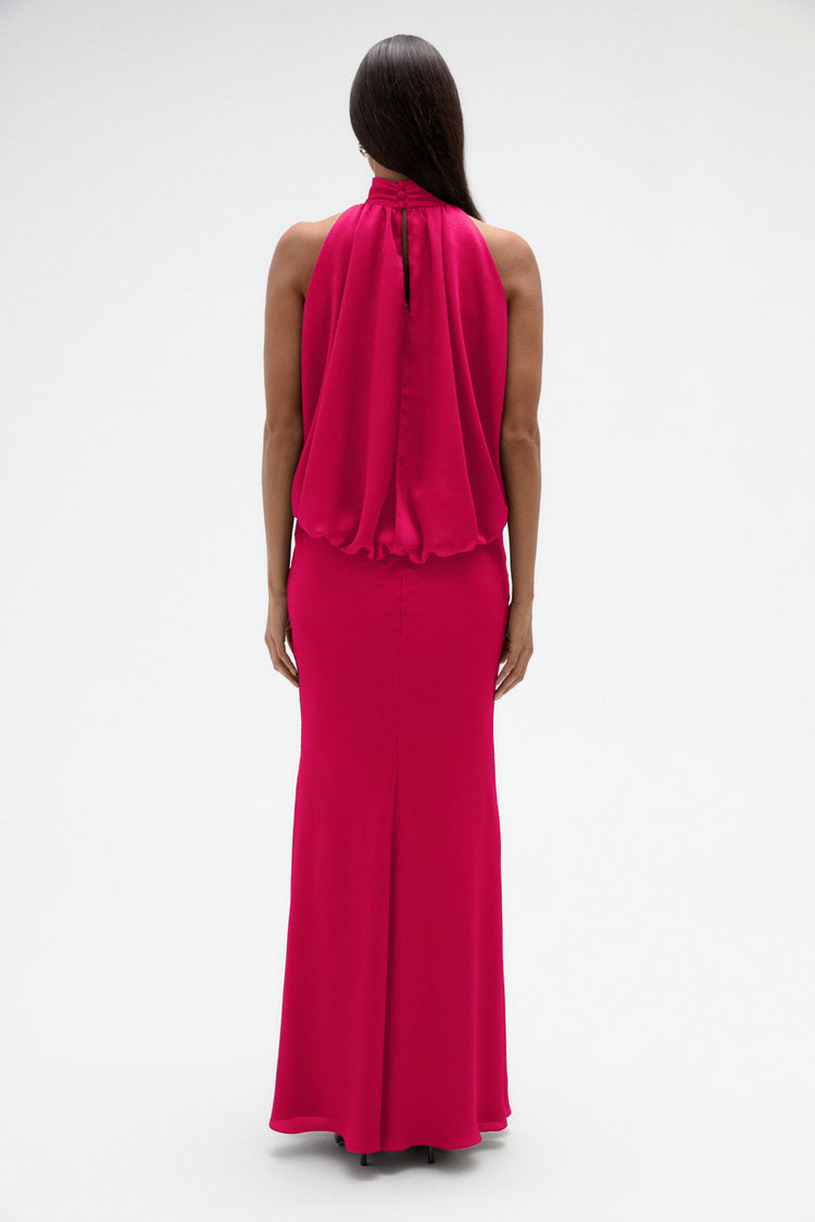 Image number 2: Hammered Satin Halter Gown in Magenta, back view
