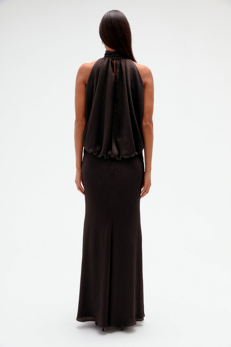 Image number 12: Hammered Satin Halter Gown in Raisin, back view