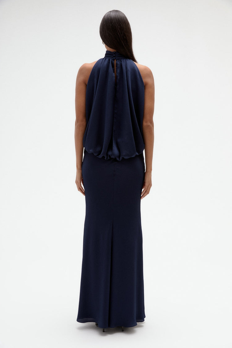 Image number 7: Hammered Satin Halter Gown in Navy, back view