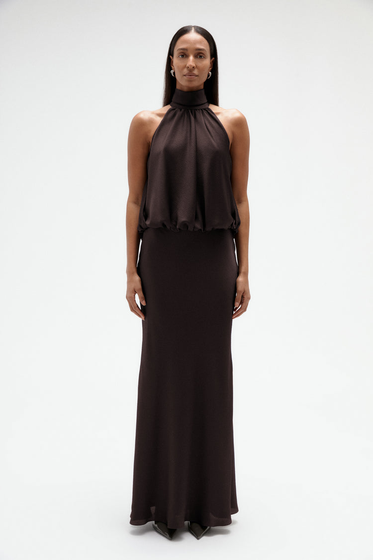 Image number 10: Hammered Satin Halter Gown in Raisin, front view