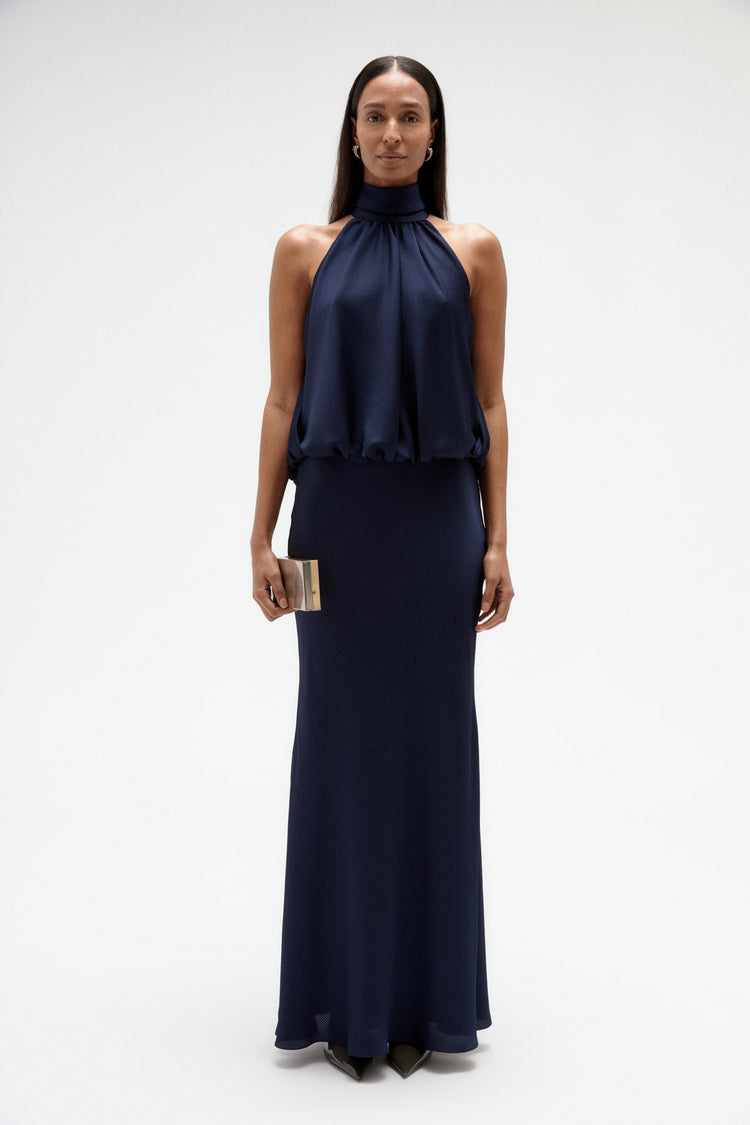 Image number 3: Hammered Satin Halter Gown in Navy, front view