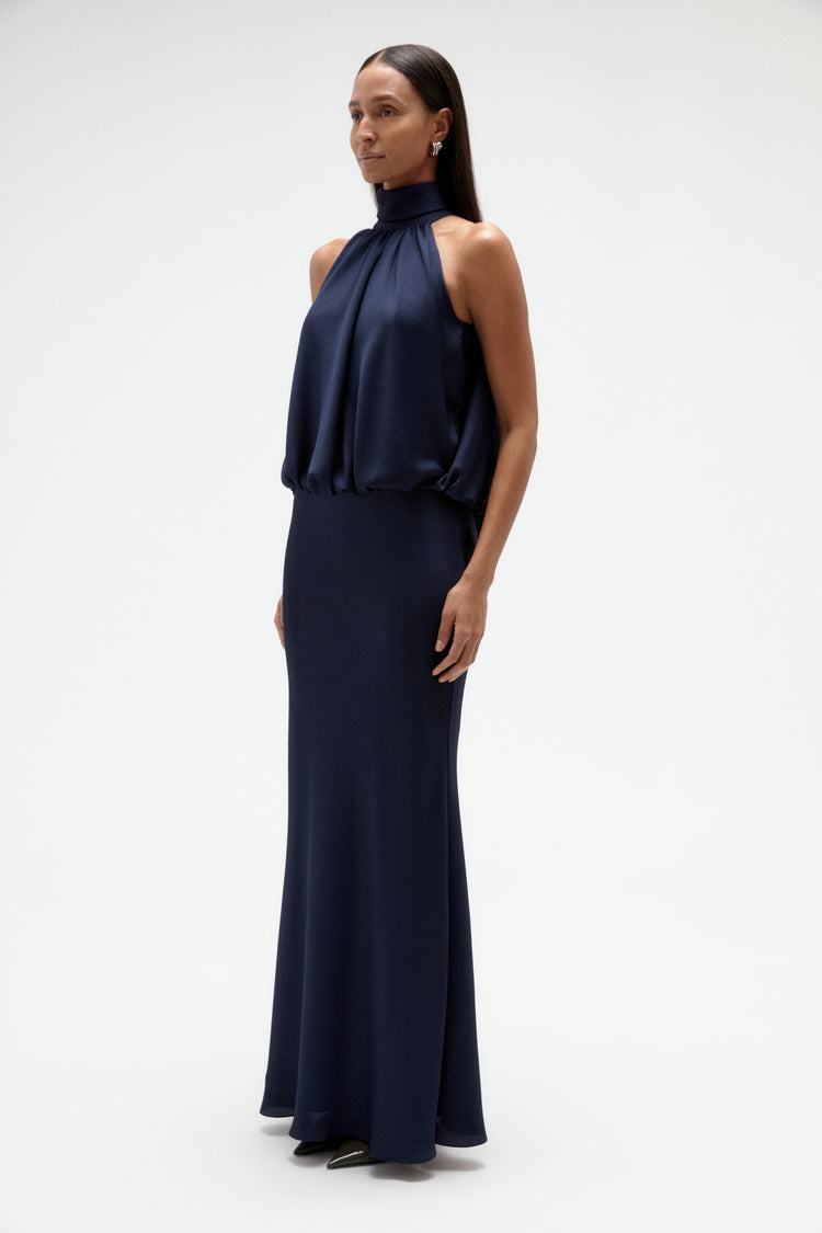 Image number 4: Hammered Satin Halter Gown in Navy, side view