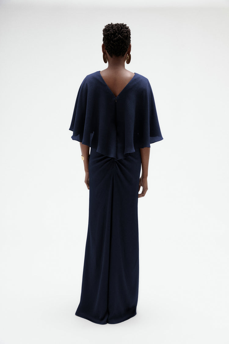 Image number 2: Hammered Satin Capelet Gown in Navy, back view