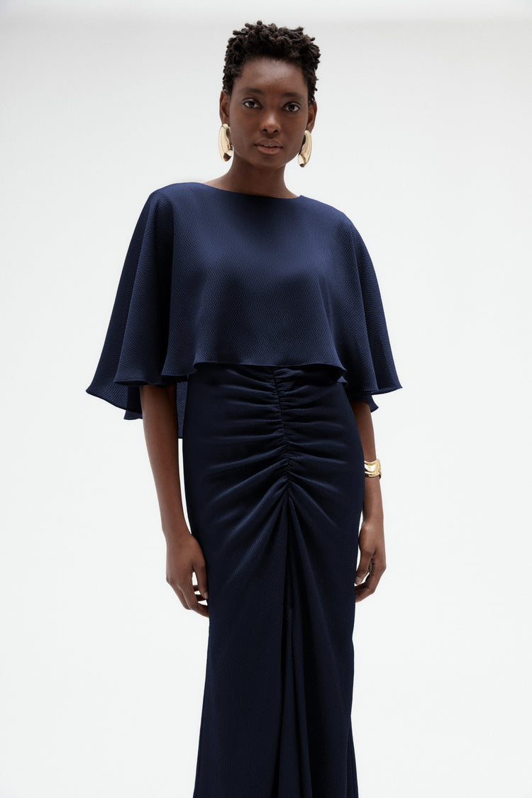 Image number 1: Hammered Satin Capelet Gown in Navy, detail view