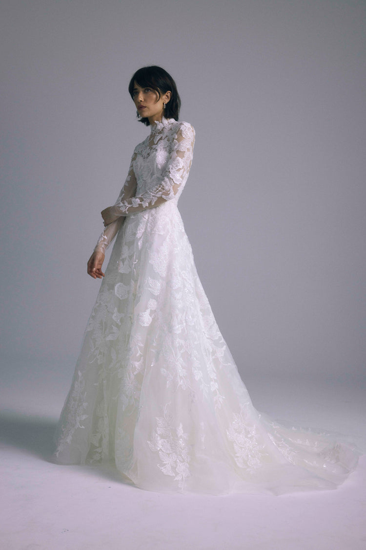 Dimitra, dress from Collection Bridal by Amsale, Fabric: leaf-embelishment