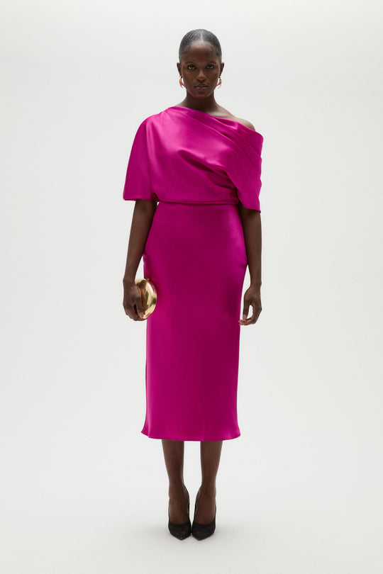 The Slouch Slim Midi Dress, $495, dress from Collection Evening by Amsale, Fabric: fluid-satin