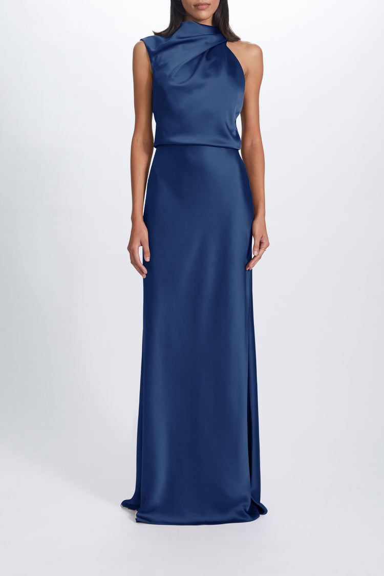 Image number 2: Fluid Satin Draped Neck Dress in French-Blue, view 1