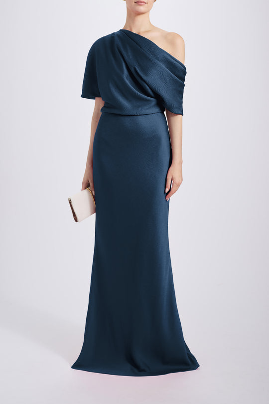 Hammered Satin Off-the-Shoulder Dress, $825, dress from Collection Evening by Amsale, Fabric: hammered-satin
