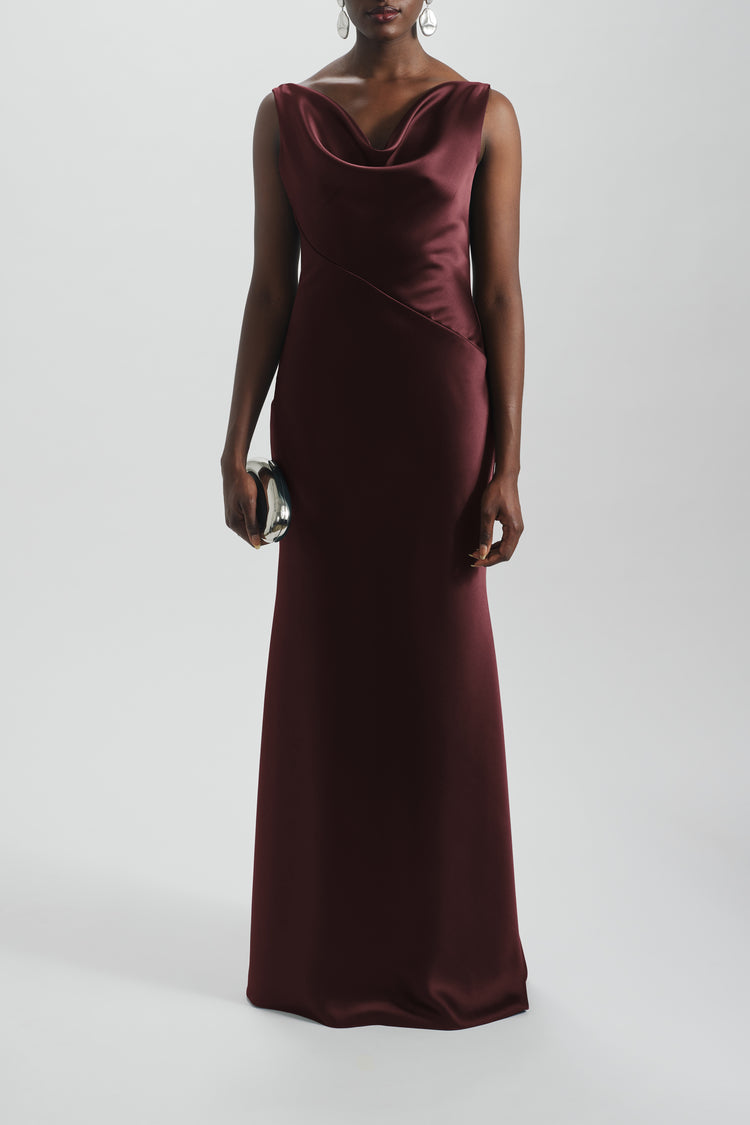 Image number 0: Bias Cut Cowl Neck Dress in Ruby, front view