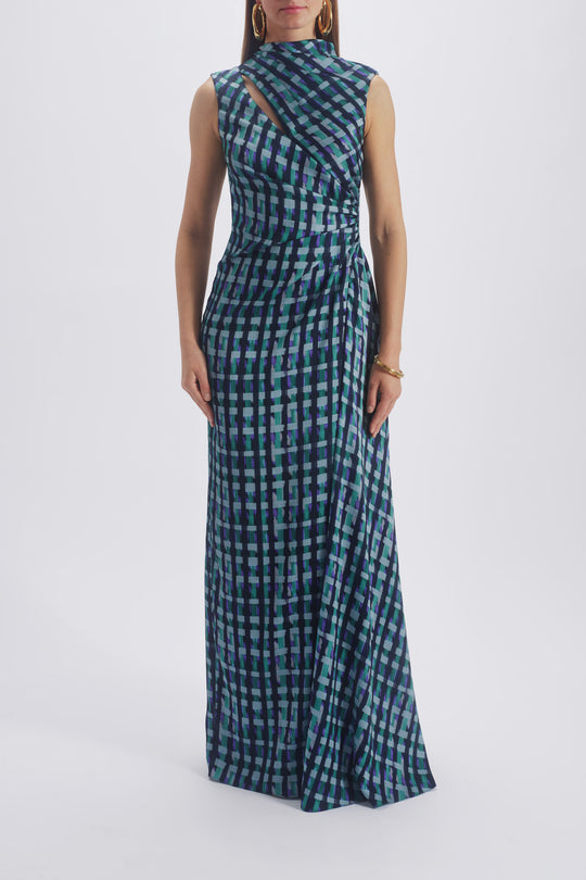 Printed Asymmetric Gown, $1,195, dress from Collection Evening by Amsale, Fabric: hammered-satin