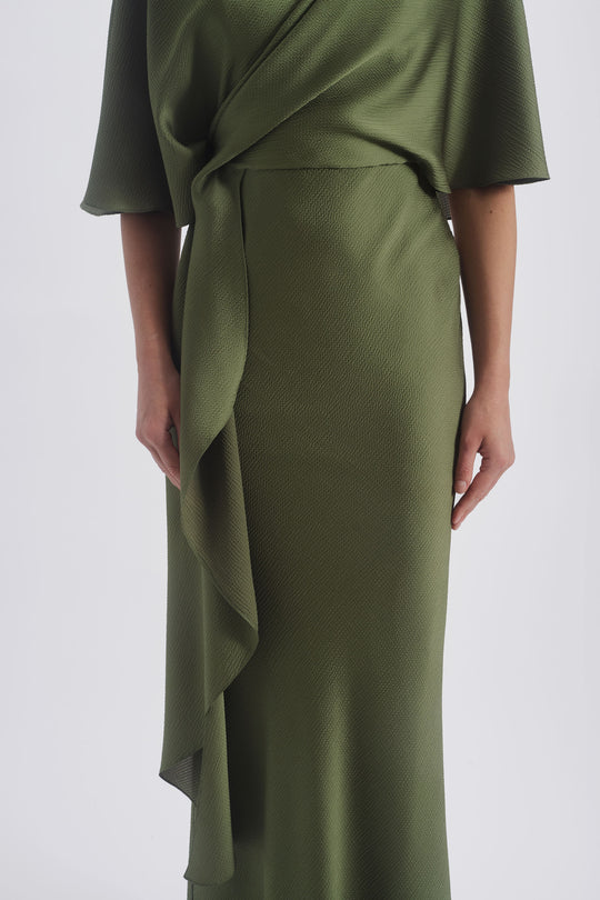 Cascading Drape Dress, $975, dress from Collection Evening by Amsale, Fabric: hammered-satin