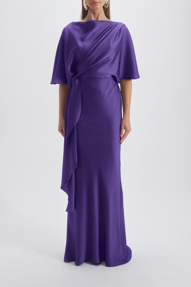 Image number 0: Cascading Drape Dress in Amethyst, front view