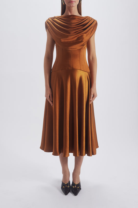 Cowl Corset Dress, $1,290, dress from Collection Evening by Amsale, Fabric: liquid-satin
