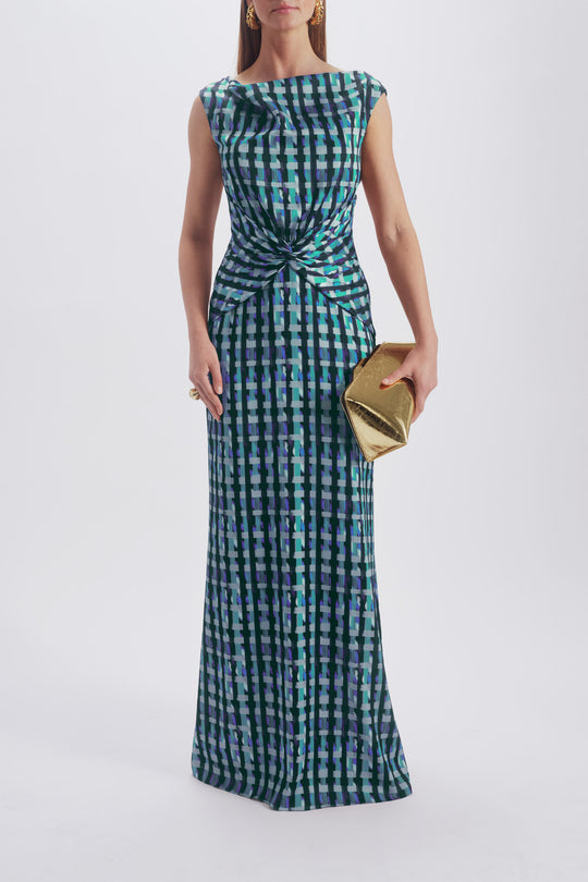 Printed Twist Knot Gown, $475, dress from Collection Evening by Amsale, Fabric: hammered-satin