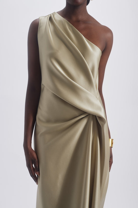 Asymmetric Drape Dress, $1,275, dress from Collection Evening by Amsale, Fabric: duchess-satin