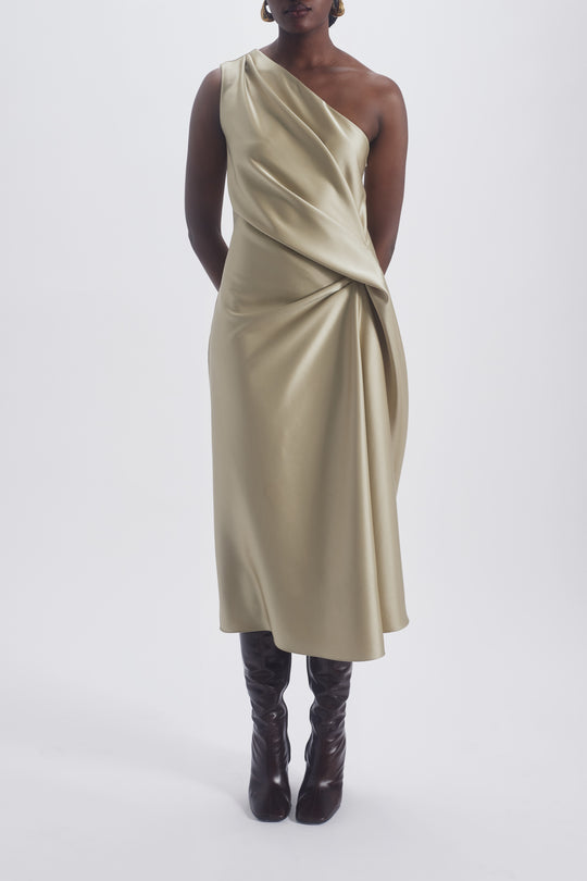 Asymmetric Drape Dress, $1,275, dress from Collection Evening by Amsale, Fabric: duchess-satin