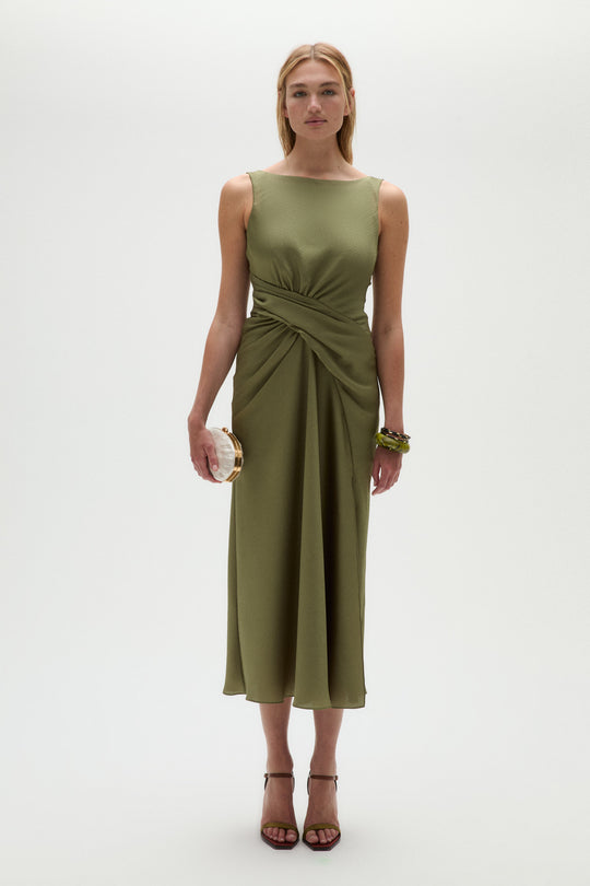 Hammered Satin Draped Midi Dress, $895, dress from Collection Evening by Amsale, Fabric: hammered-satin