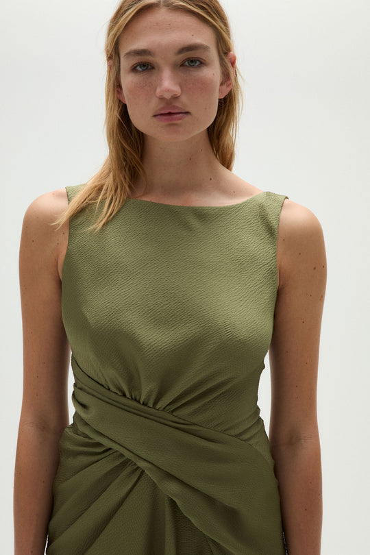 Hammered Satin Draped Midi Dress, $895, dress from Collection Evening by Amsale, Fabric: hammered-satin