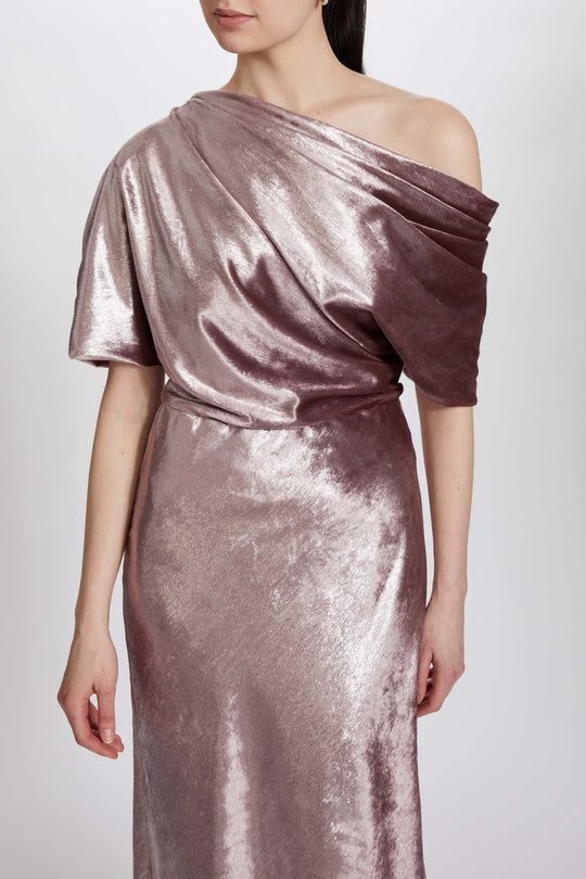 P610 - Lame Velvet Draped Slouch Gown, $995, dress from Collection Evening by Amsale, Fabric: metallic-lame-velvet