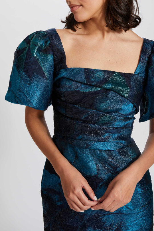 P624 - Cloqué Column Tea-Length Dress, $2,895, dress from Collection Evening by Amsale, Fabric: metallic-cloqué