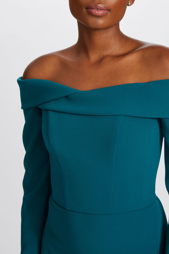 P625 - Crepe Off-the-Shoulder Gown, $1,295, dress from Collection Evening by Amsale, Fabric: italian-stretch-crepe
