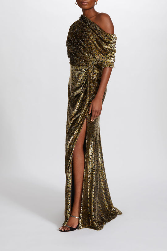 P636 - Gold Lamé Draped Slouch Gown, $2,495, dress from Collection Evening by Amsale, Fabric: lamé