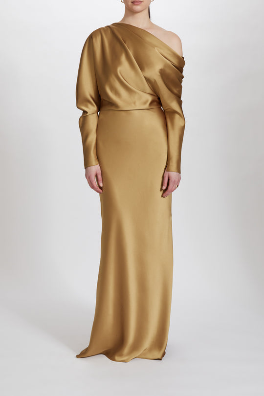 P638S - Fluid Satin Off-the-Shoulder Gown, $695, dress from Collection Evening by Amsale, Fabric: fluid-satin