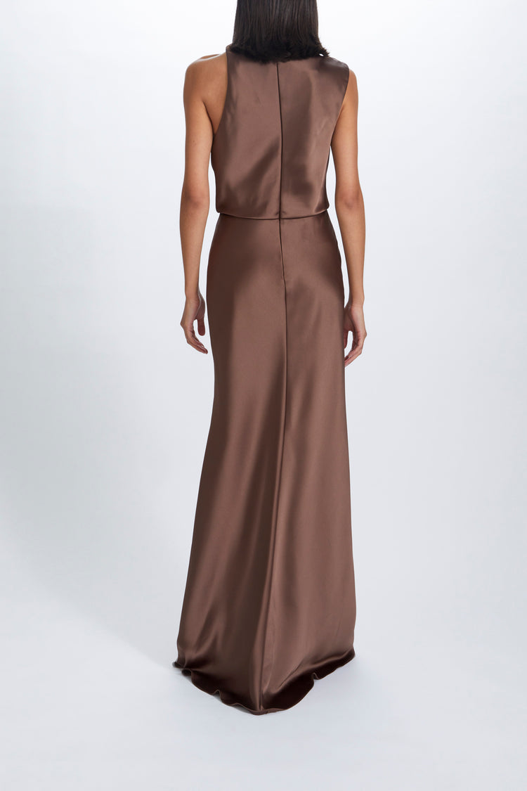 Image number 10: Fluid Satin Draped Neck Dress in Truffle, back view