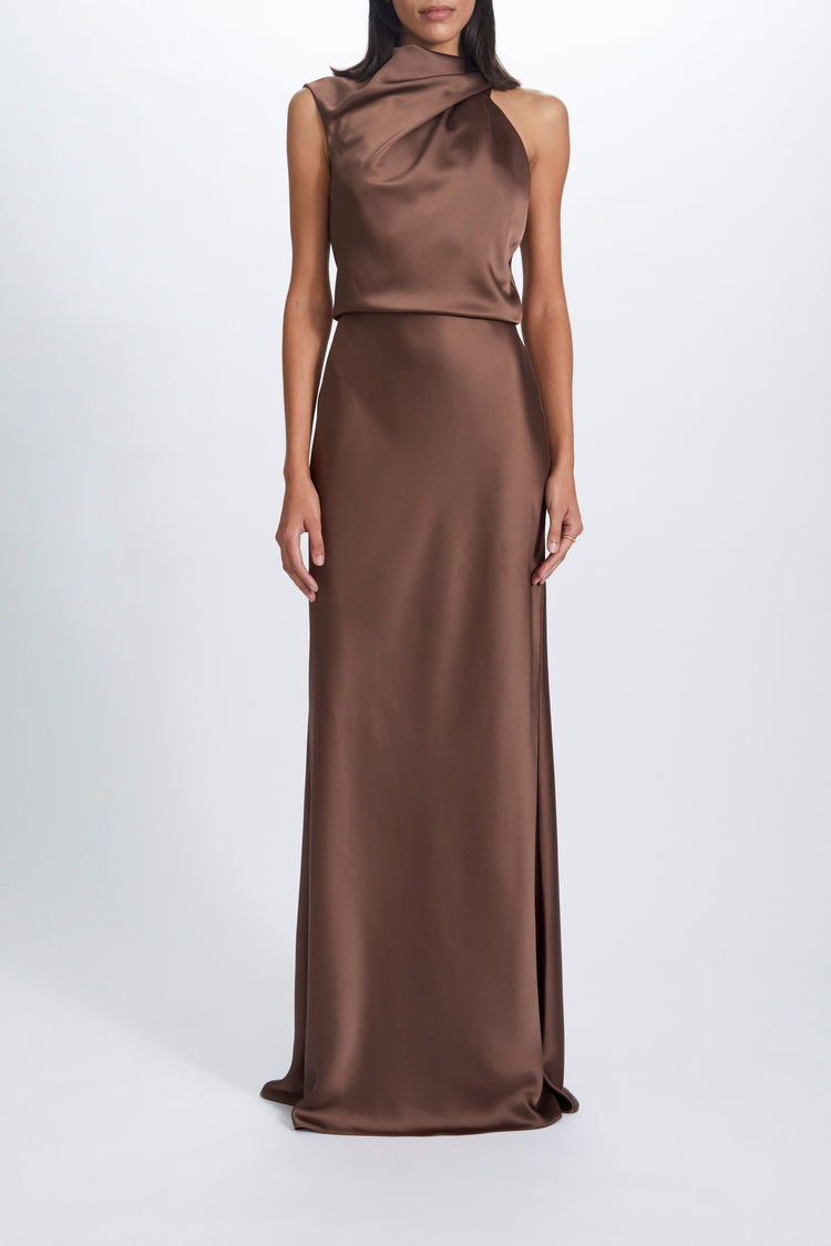Image number 7: Fluid Satin Draped Neck Dress in Truffle, front view