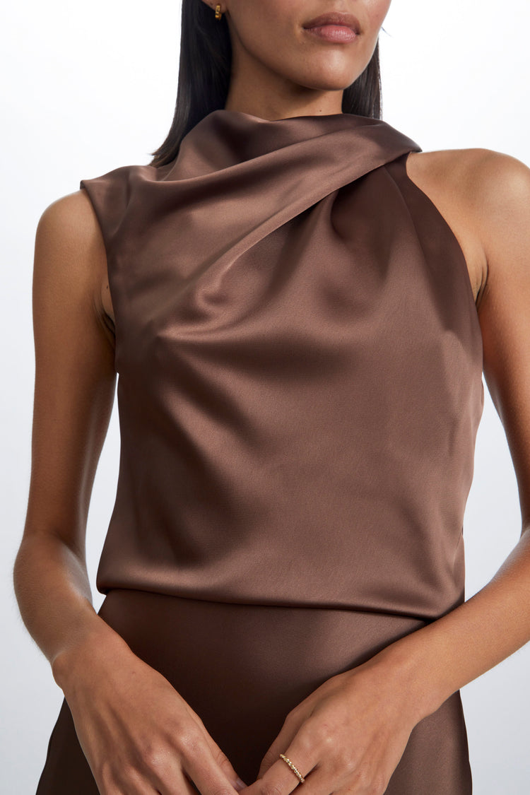 Image number 9: Fluid Satin Draped Neck Dress in Truffle, view 3