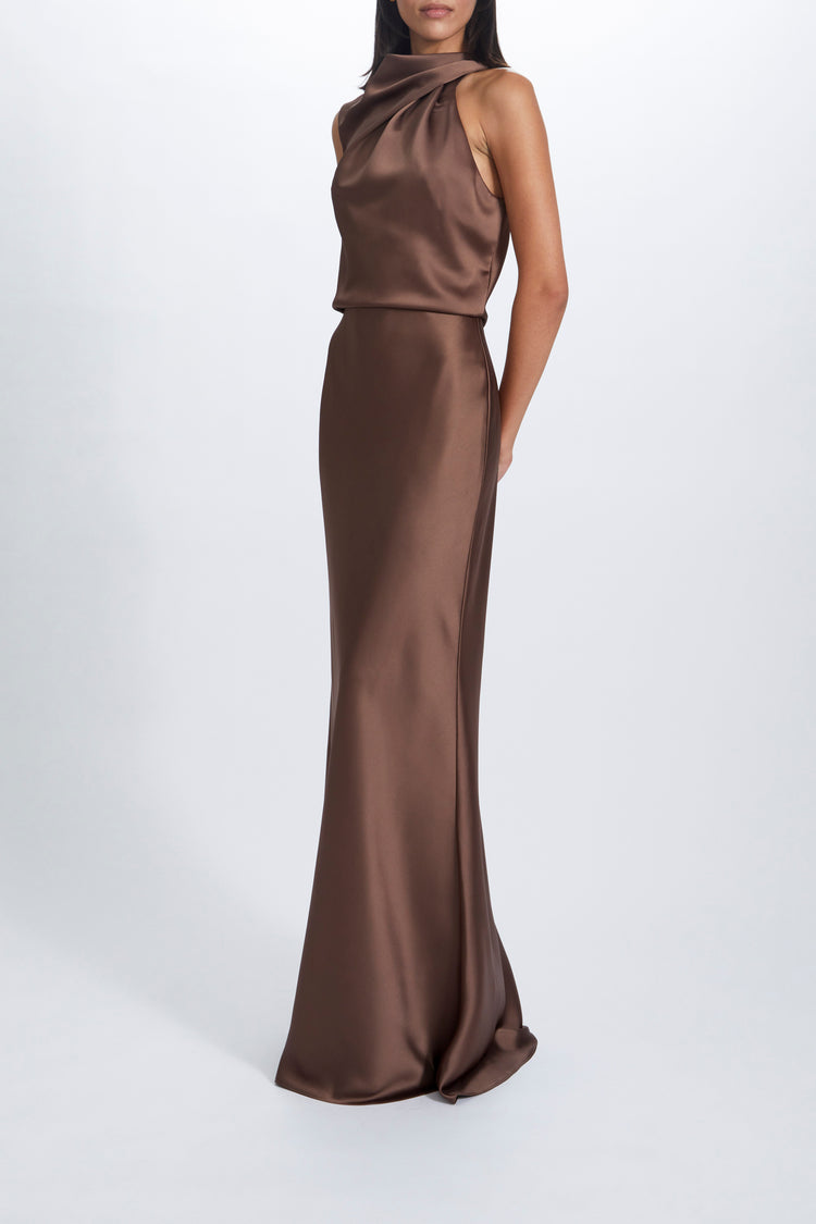 Image number 8: Fluid Satin Draped Neck Dress in Truffle, side view