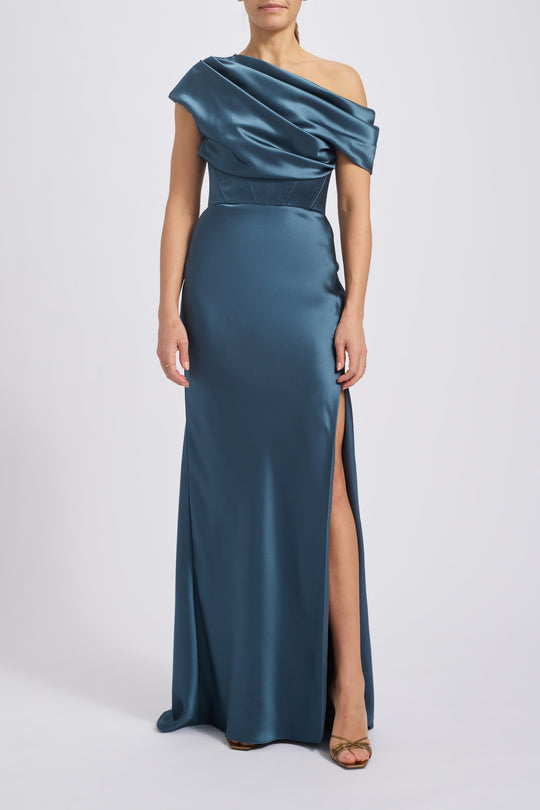 Off-The-Shoulder Corset Dress, $420, dress from Collection Evening by Amsale, Fabric: fluid-satin