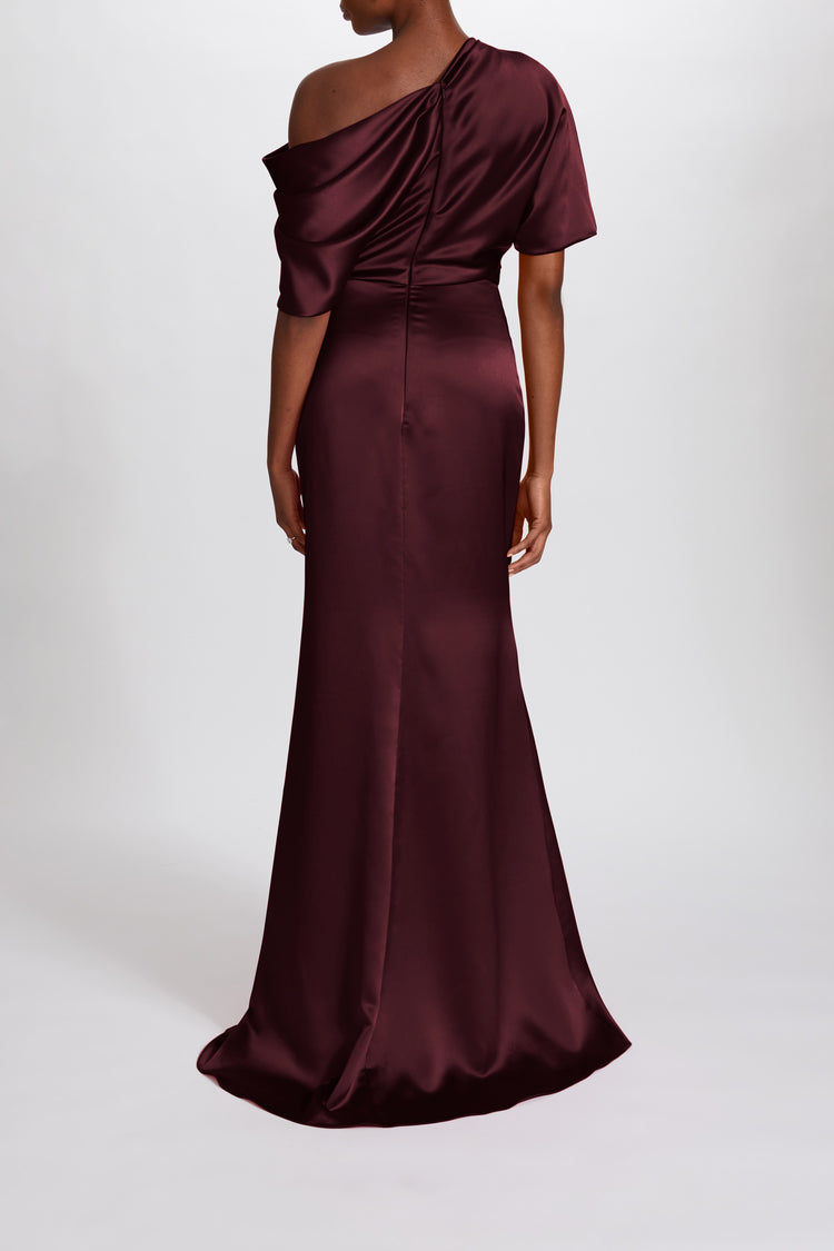 Image number 8: Fluid Satin Off-the-Shoulder Gown in Ruby, back view