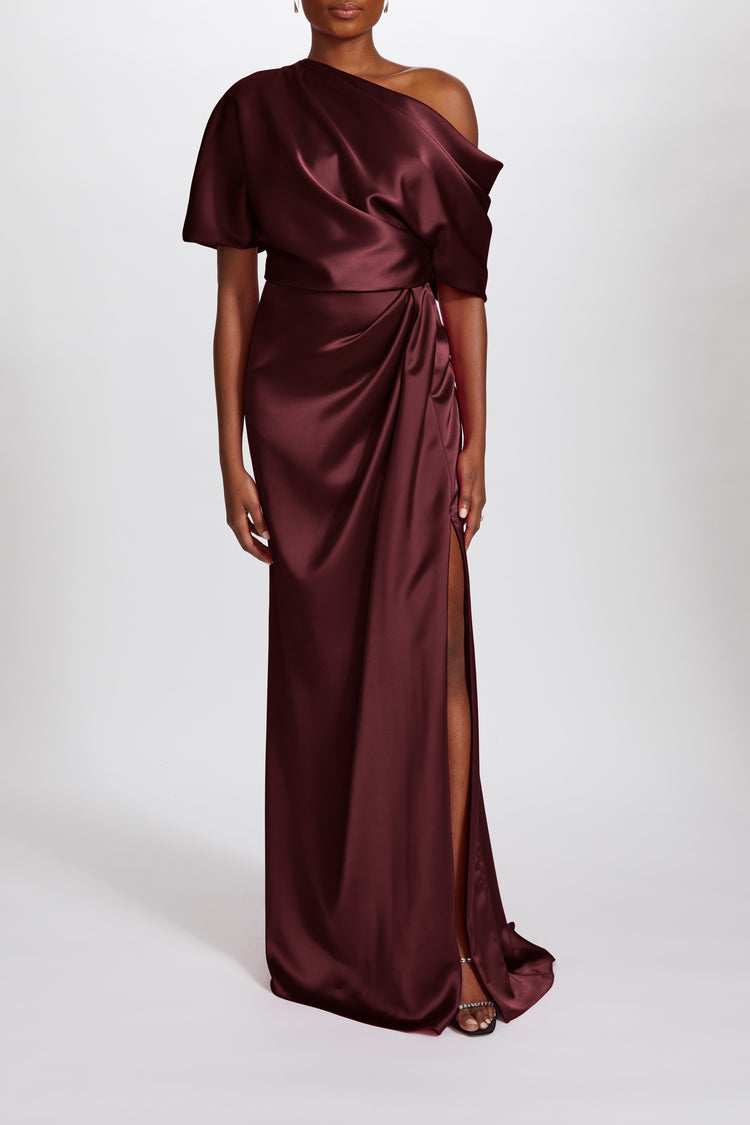 Image number 6: Fluid Satin Off-the-Shoulder Gown in Ruby, front view